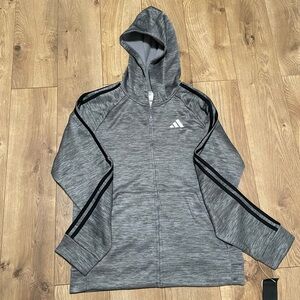Adidas Gray Athletic Jacket with Hood and Stripes